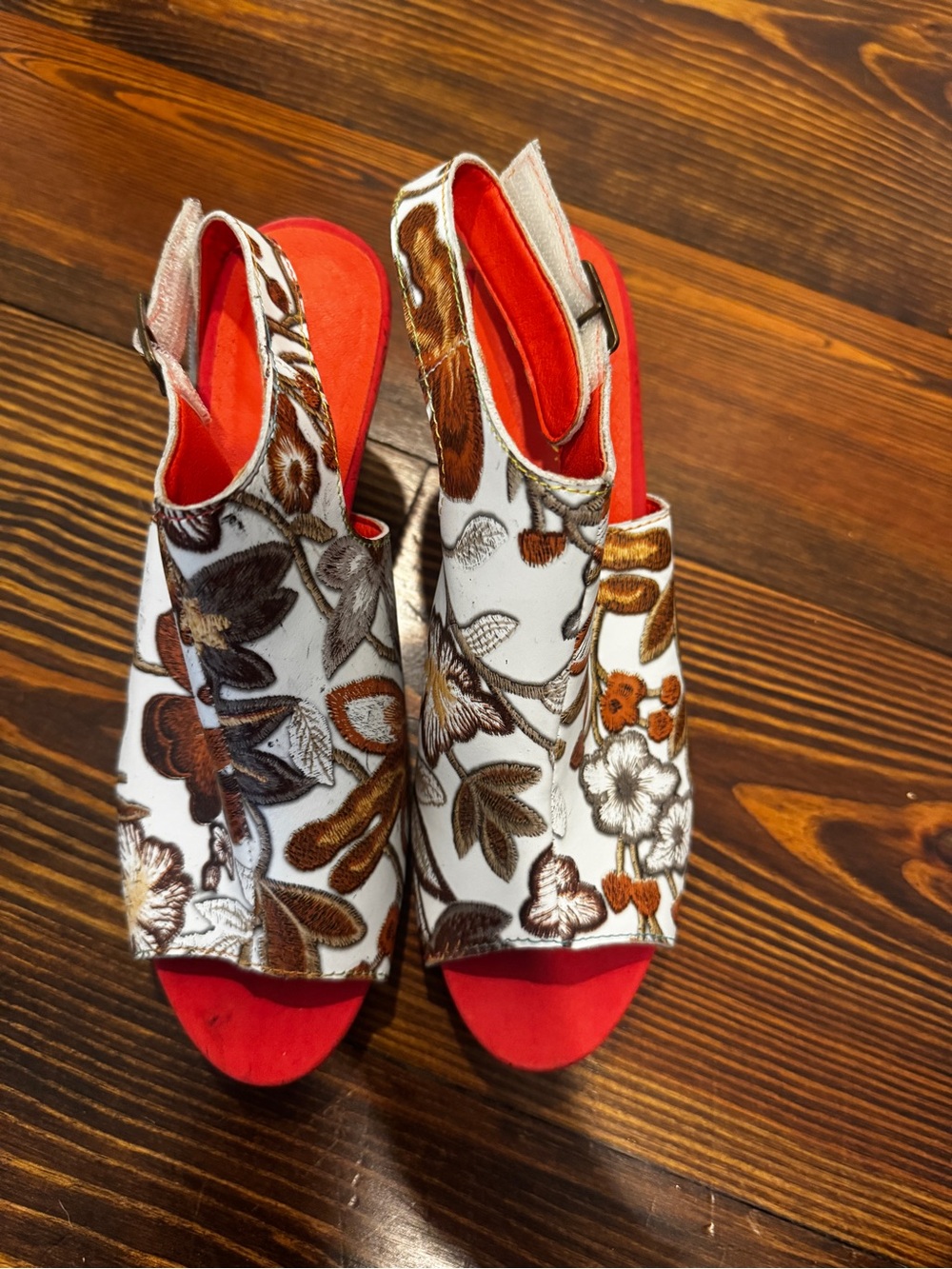 Women’s Socofy Orange/White Floral Embrodiery Open Toe Heels Size 38